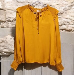 Joie Yellow Long Sleeve Ruffle Silky Blouse Tie Womans size Small